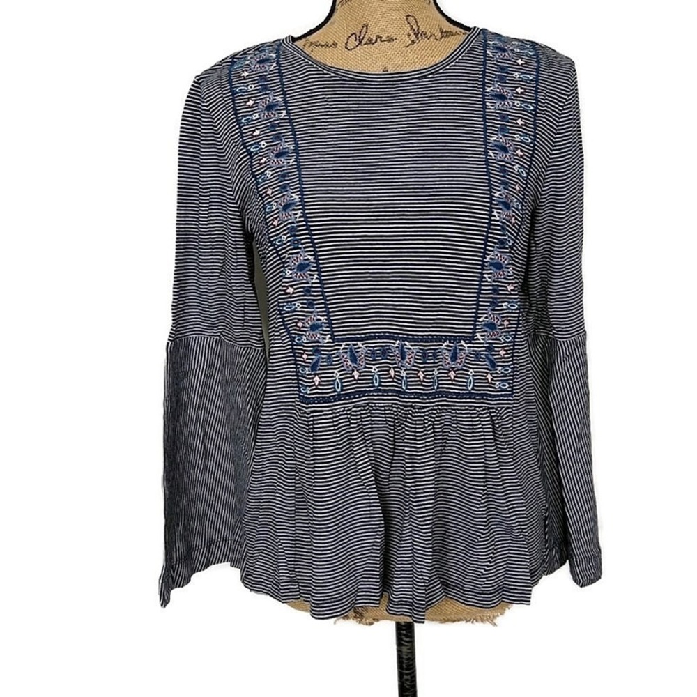 LOFT Embroidered Peplum Top Striped Long Bell Sleeve Boho Coastal Festival sz M